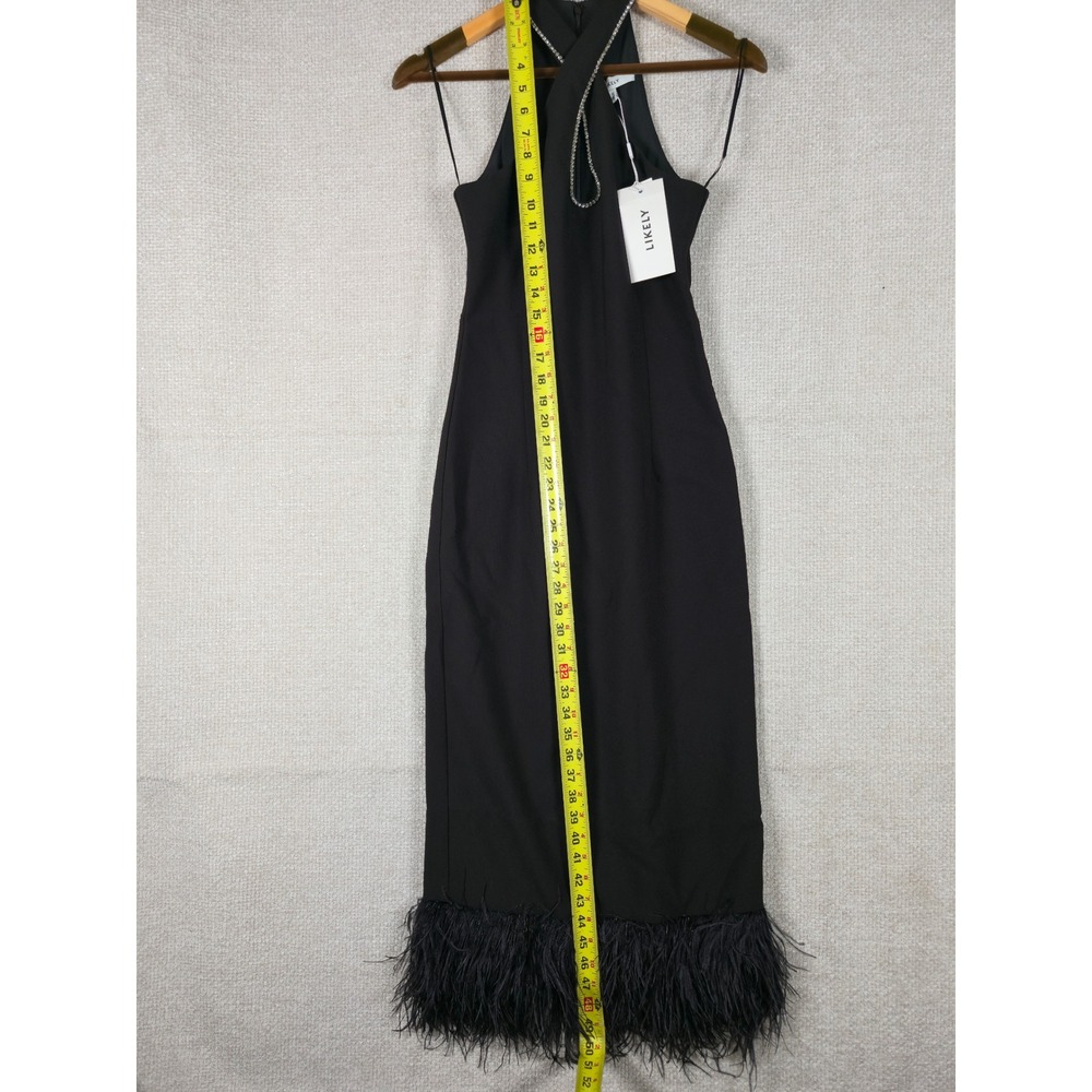 LIKELY Hadley Dress Black Halter Rhinestone Keyhole Ostrich Feather Hem Midi 0 - Picture 8 of 13